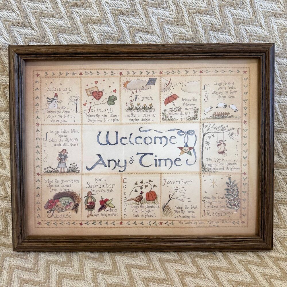 Vintage Framed Welcome Any Ol Time Folk Art Primitive Country Wall Decor